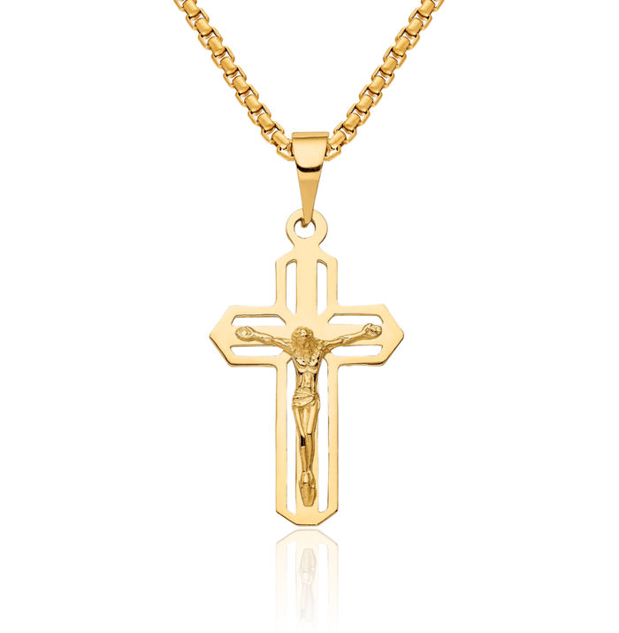 14K Solid Yellow Gold Lord Jesus Christ Crucifix Holy Cross Necklace Religious Chain Pendant Charm