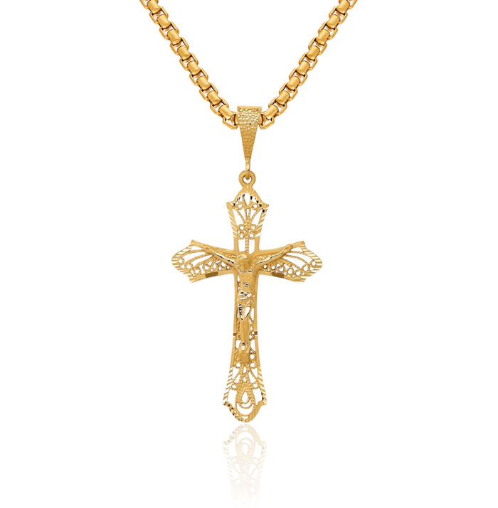 14K Solid Yellow Gold Lord Jesus Christ Crucifix Holy Cross Necklace Religious Chain Pendant Charm