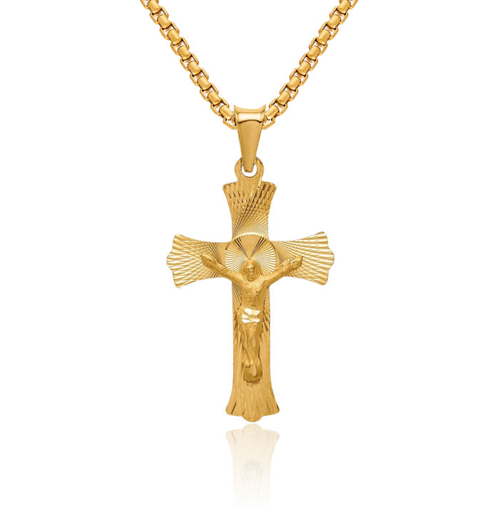 14K Solid Yellow Gold Lord Jesus Christ Crucifix Holy Cross Necklace Religious Chain Pendant Charm