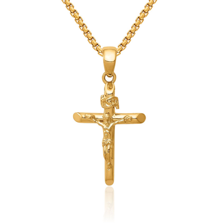 14K Solid Yellow Gold Lord Jesus Christ Crucifix Holy Cross Necklace Religious Chain Pendant Charm