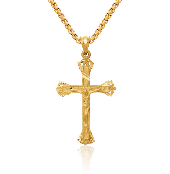 14K Solid Yellow Gold Lord Jesus Christ Crucifix Holy Cross Necklace Religious Chain Pendant Charm