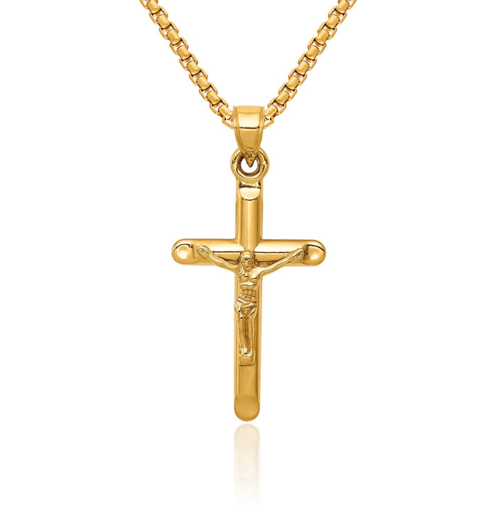 14K Solid Yellow Gold Lord Jesus Christ Crucifix Holy Cross Necklace Religious Chain Pendant Charm