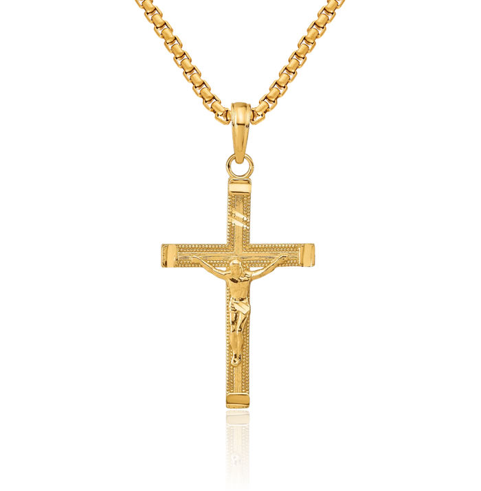 14K Solid Yellow Gold Lord Jesus Christ Crucifix Holy Cross Necklace Religious Chain Pendant Charm