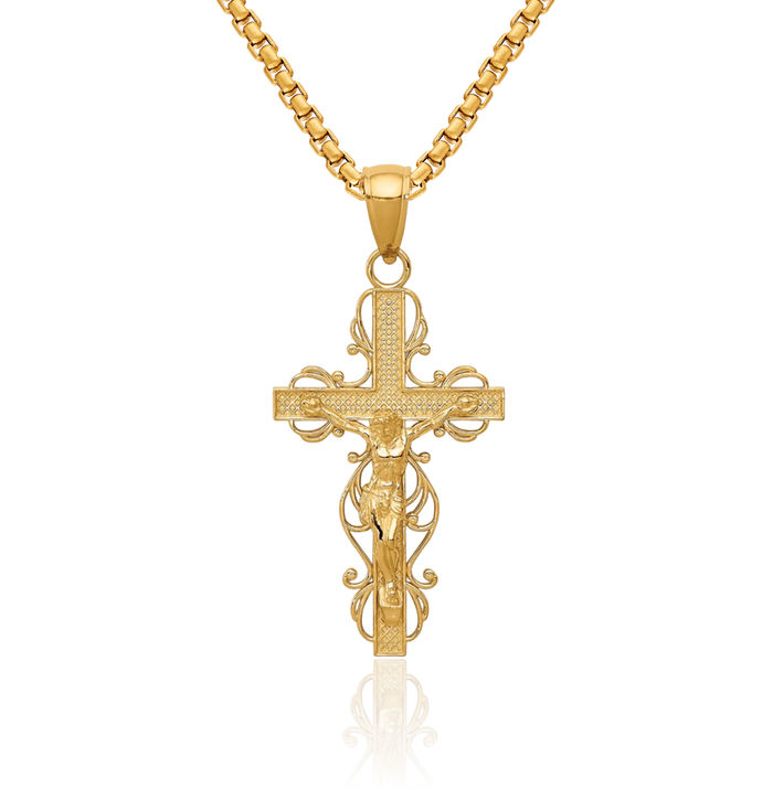 14K Solid Yellow Gold Lord Jesus Christ Crucifix Holy Cross Necklace Religious Chain Pendant Charm