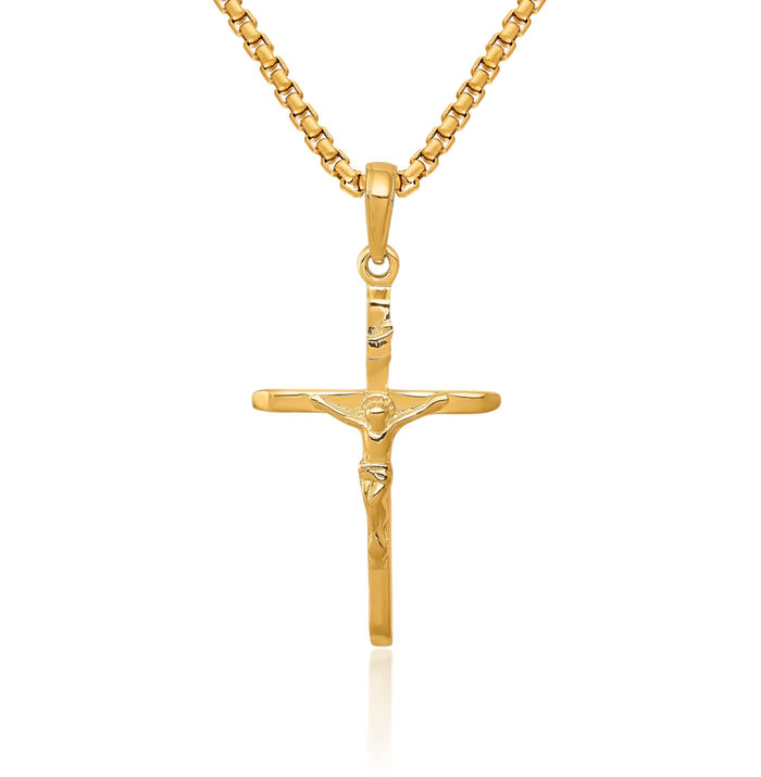 14K Solid Yellow Gold Lord Jesus Christ Crucifix Holy Cross Necklace Religious Chain Pendant Charm