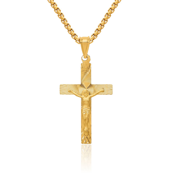 14K Solid Yellow Gold Lord Jesus Christ Crucifix Holy Cross Necklace Religious Chain Pendant Charm