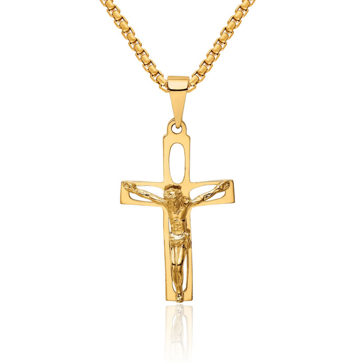 14K Solid Yellow Gold Lord Jesus Christ Crucifix Holy Cross Necklace Religious Chain Pendant Charm