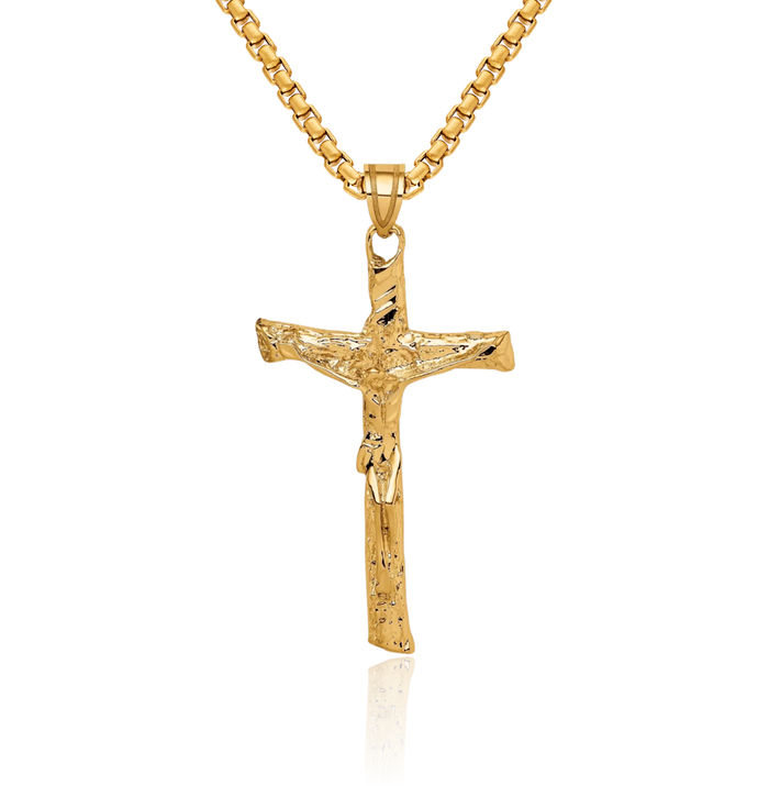 14K Solid Yellow Gold Lord Jesus Christ Crucifix Holy Cross Necklace Religious Chain Pendant Charm