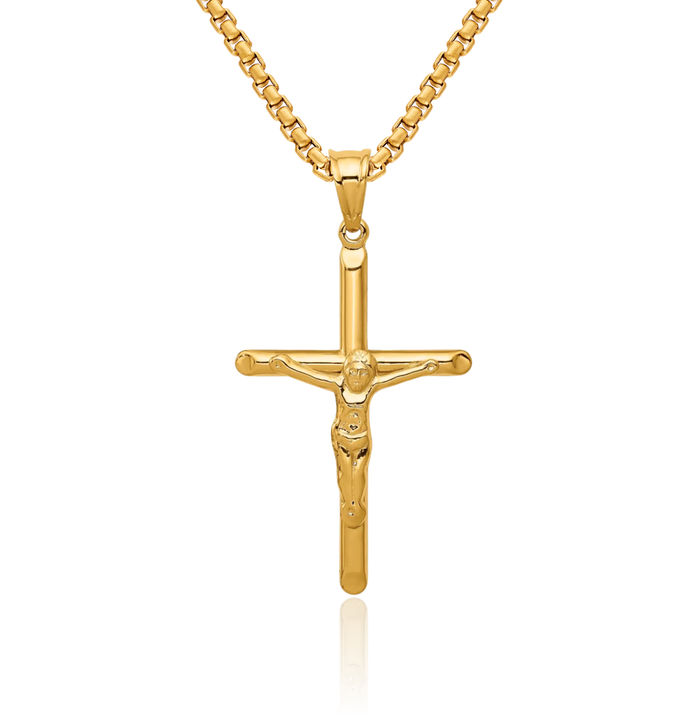 14K Solid Yellow Gold Lord Jesus Christ Crucifix Holy Cross Necklace Religious Chain Pendant Charm