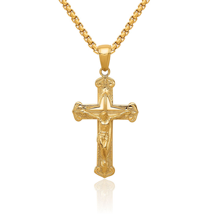 14K Solid Yellow Gold Lord Jesus Christ Crucifix Holy Cross Necklace Religious Chain Pendant Charm