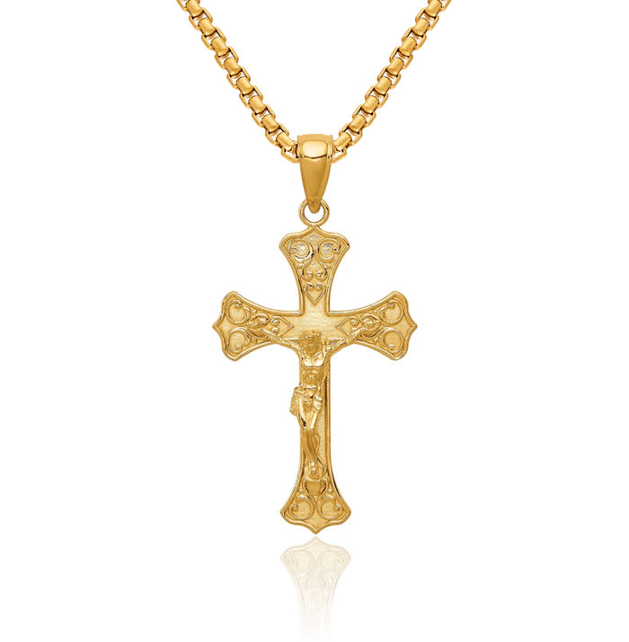 14K Solid Yellow Gold Lord Jesus Christ Crucifix Holy Cross Necklace Religious Chain Pendant Charm