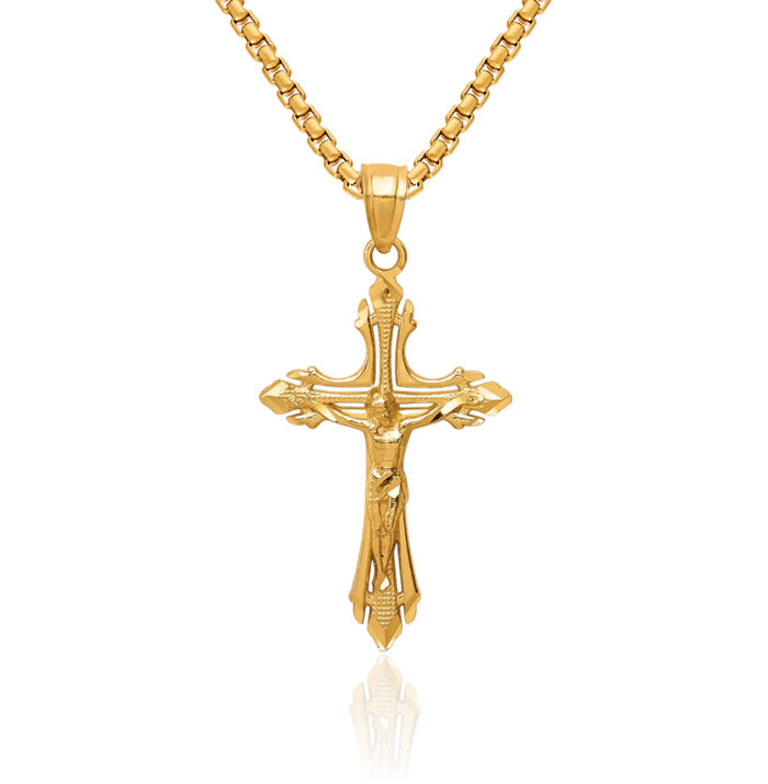 14K Solid Yellow Gold Lord Jesus Christ Crucifix Holy Cross Necklace Religious Chain Pendant Charm