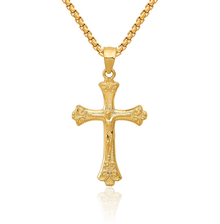 14K Solid Yellow Gold Lord Jesus Christ Crucifix Holy Cross Necklace Religious Chain Pendant Charm