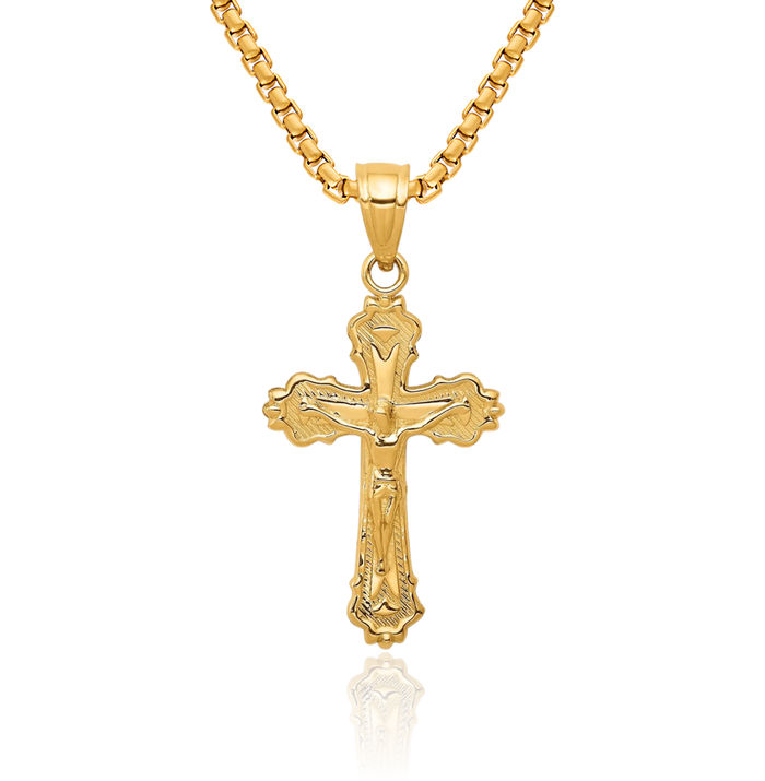 14K Solid Yellow Gold Lord Jesus Christ Crucifix Holy Cross Necklace Religious Chain Pendant Charm