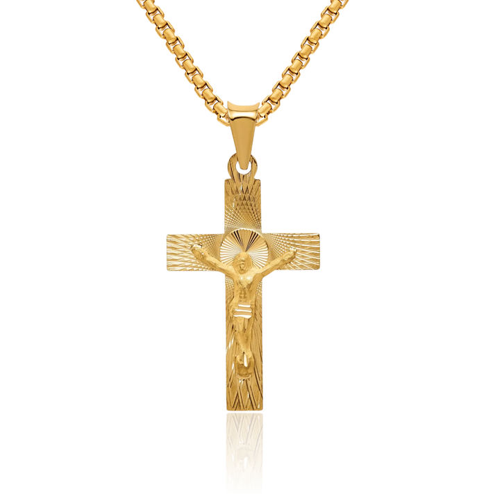 14K Solid Yellow Gold Lord Jesus Christ Crucifix Holy Cross Necklace Religious Chain Pendant Charm