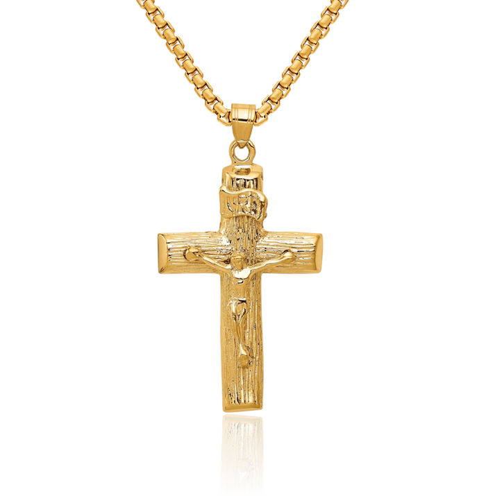 14K Solid Yellow Gold Lord Jesus Christ Crucifix Holy Cross Necklace Religious Chain Pendant Charm