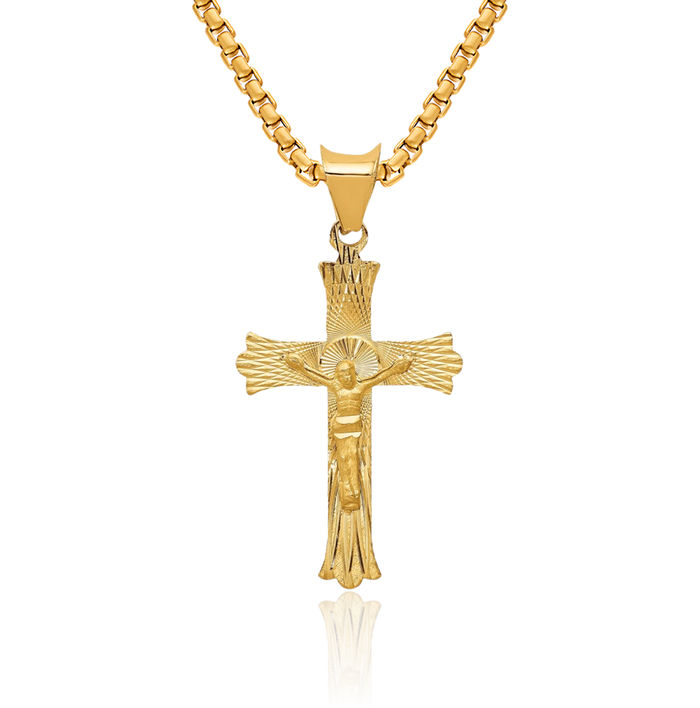 14K Solid Yellow Gold Lord Jesus Christ Crucifix Holy Cross Necklace Religious Chain Pendant Charm