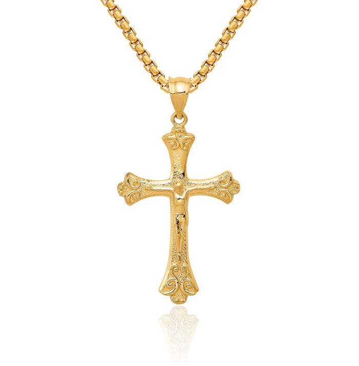 14K Solid Yellow Gold Lord Jesus Christ Crucifix Holy Cross Necklace Religious Chain Pendant Charm