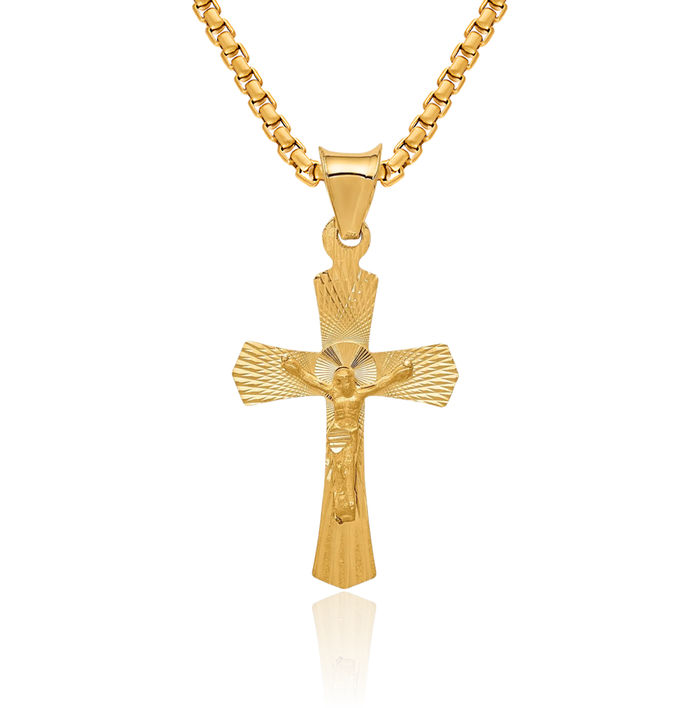 14K Solid Yellow Gold Lord Jesus Christ Crucifix Holy Cross Necklace Religious Chain Pendant Charm