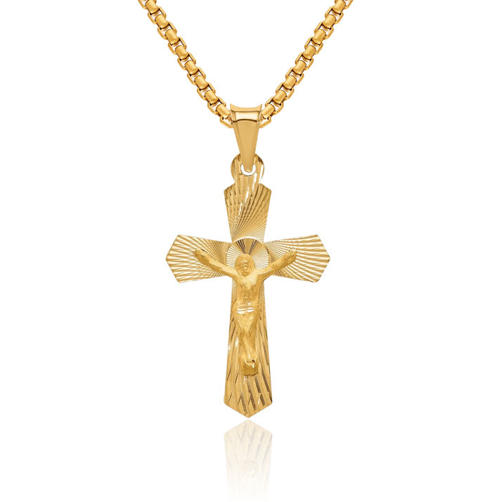 14K Solid Yellow Gold Lord Jesus Christ Crucifix Holy Cross Necklace Religious Chain Pendant Charm