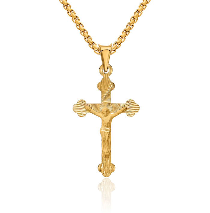 14K Solid Yellow Gold Lord Jesus Christ Crucifix Holy Cross Necklace Religious Chain Pendant Charm