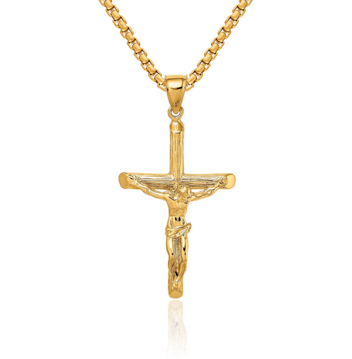 14K Solid Yellow Gold Lord Jesus Christ Crucifix Holy Cross Necklace Religious Chain Pendant Charm