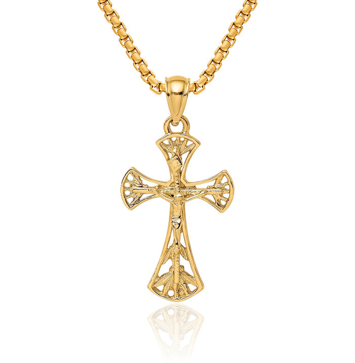 14K Solid Yellow Gold Lord Jesus Christ Crucifix Holy Cross Necklace Religious Chain Pendant Charm