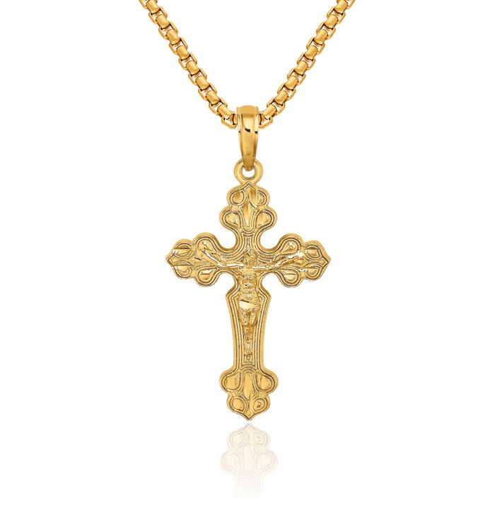 14K Solid Yellow Gold Lord Jesus Christ Crucifix Holy Cross Necklace Religious Chain Pendant Charm