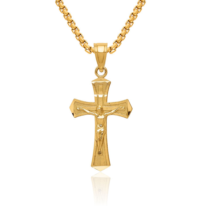 14K Solid Yellow Gold Lord Jesus Christ Crucifix Holy Cross Necklace Religious Chain Pendant Charm