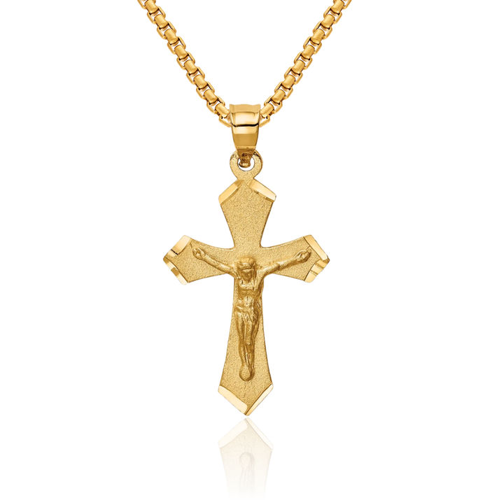 14K Solid Yellow Gold Lord Jesus Christ Crucifix Holy Cross Necklace Religious Chain Pendant Charm