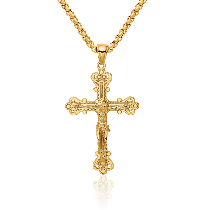 14K Solid Yellow Gold Lord Jesus Christ Crucifix Holy Cross Necklace Religious Chain Pendant Charm