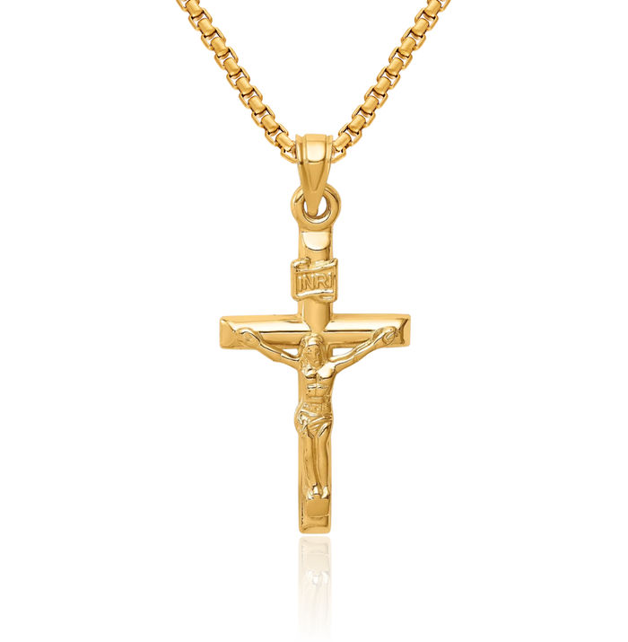 14K Solid Yellow Gold Lord Jesus Christ Crucifix Holy Cross Necklace Religious Chain Pendant Charm