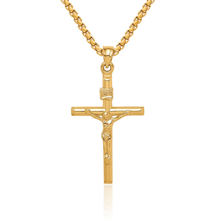 14K Solid Yellow Gold Lord Jesus Christ Crucifix Holy Cross Necklace Religious Chain Pendant Charm