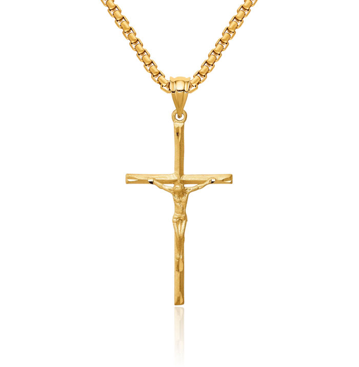 14K Solid Yellow Gold Lord Jesus Christ Crucifix Holy Cross Necklace Religious Chain Pendant Charm