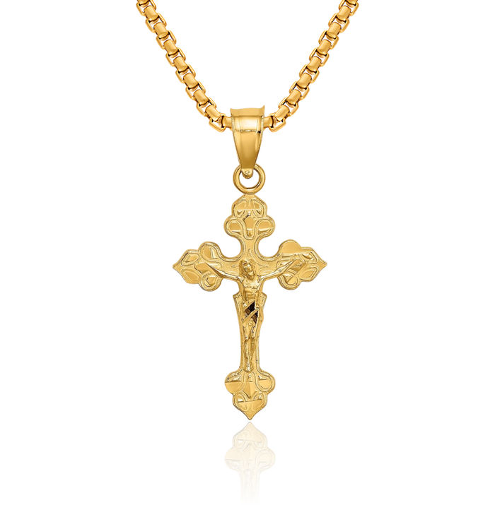 14K Solid Yellow Gold Lord Jesus Christ Crucifix Holy Cross Necklace Religious Chain Pendant Charm