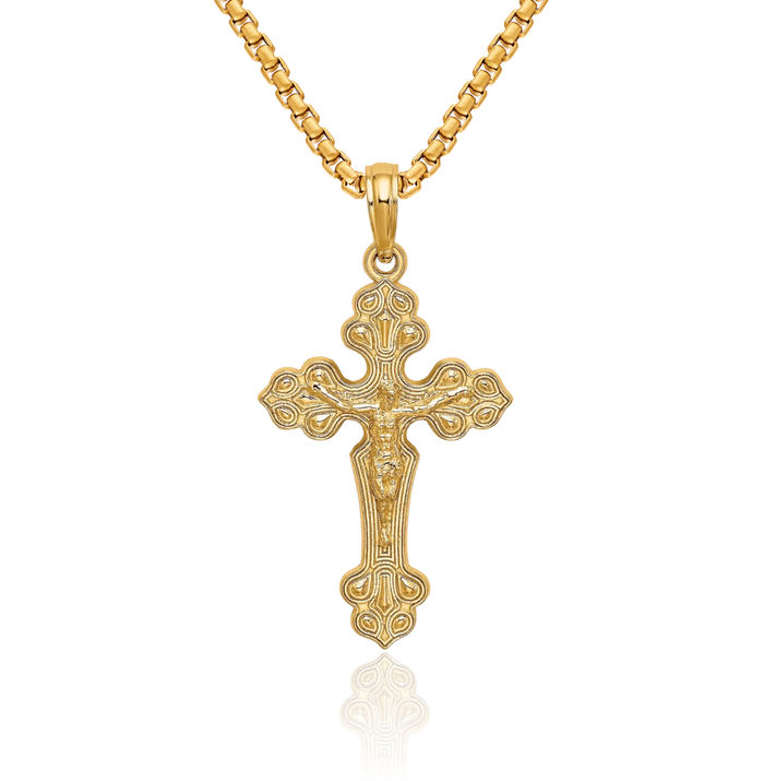 14K Solid Yellow Gold Lord Jesus Christ Crucifix Holy Cross Necklace Religious Chain Pendant Charm