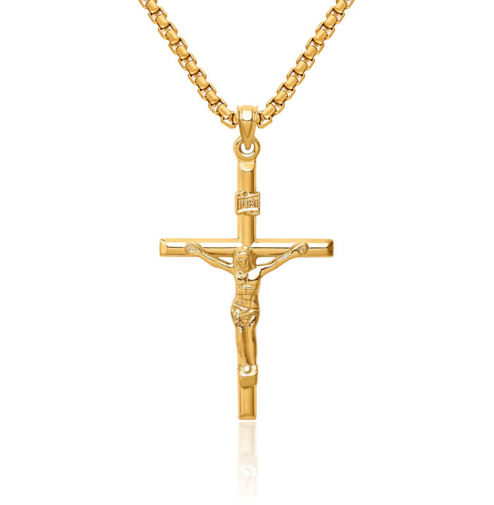 14K Solid Yellow Gold Lord Jesus Christ Crucifix Holy Cross Necklace Religious Chain Pendant Charm