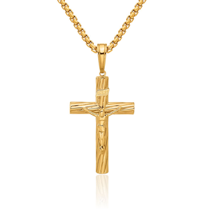 14K Solid Yellow Gold Lord Jesus Christ Crucifix Holy Cross Necklace Religious Chain Pendant Charm