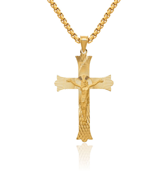 14K Solid Yellow Gold Lord Jesus Christ Crucifix Holy Cross Necklace Religious Chain Pendant Charm