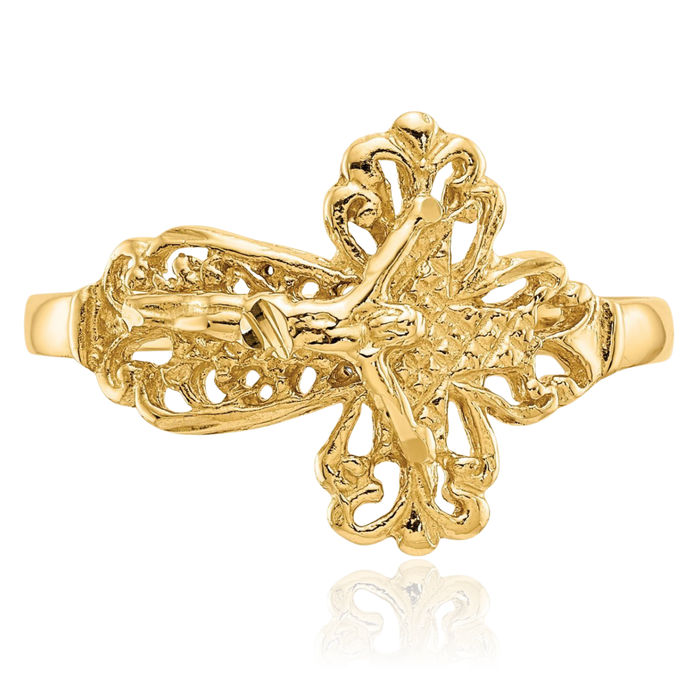 14K Solid Yellow Gold Lord Jesus Christ Crucifix Holy Cross Ring Christian Religious Band