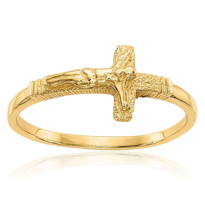 14K Solid Yellow Gold Lord Jesus Christ Crucifix Holy Cross Ring Christian Religious Band