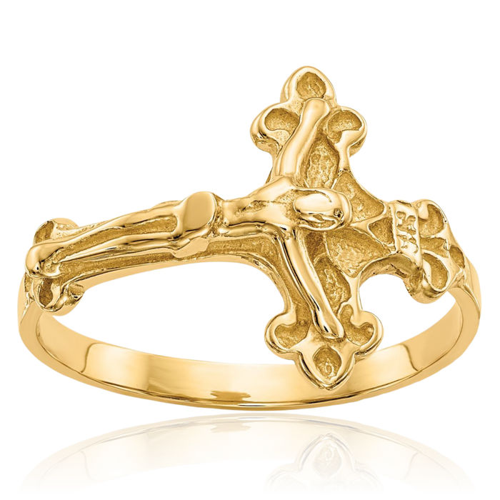 14K Solid Yellow Gold Lord Jesus Christ Crucifix Holy Cross Ring Christian Religious Band