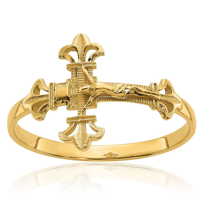 14K Solid Yellow Gold Lord Jesus Christ Crucifix Holy Cross Ring Christian Religious Band