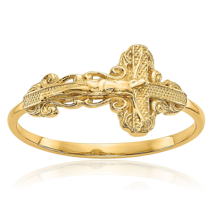 14K Solid Yellow Gold Lord Jesus Christ Crucifix Holy Cross Ring Christian Religious Band