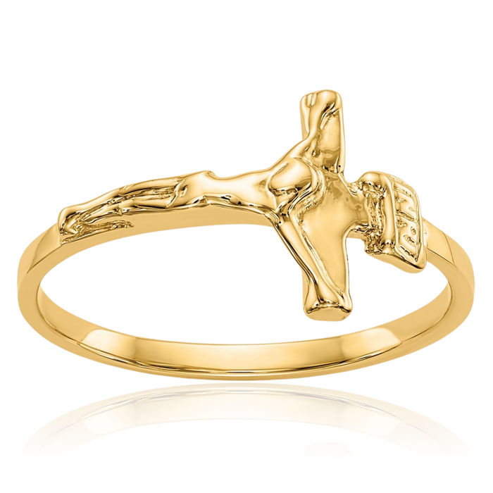 14K Solid Yellow Gold Lord Jesus Christ Crucifix Holy Cross Ring Christian Religious Band