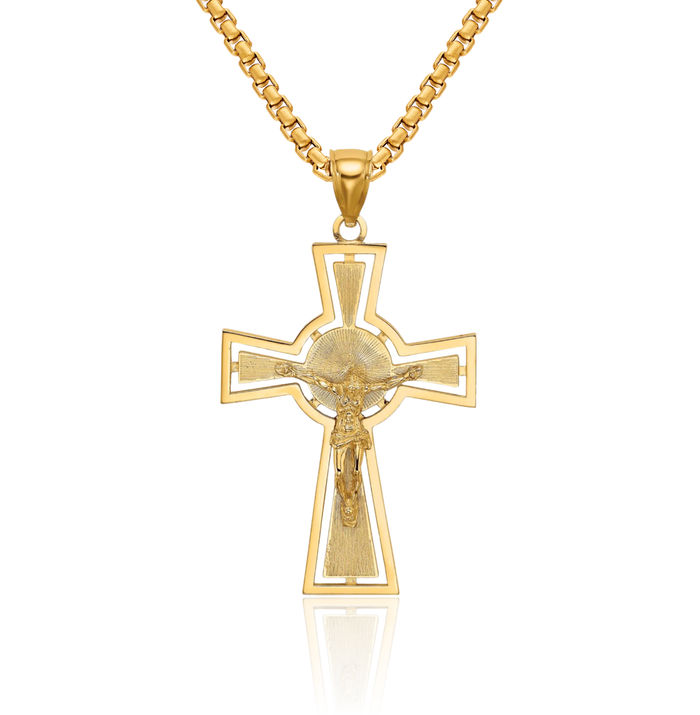 14K Solid Yellow Gold Lord Jesus Christ Crucifix Holy Cross Circle Round Necklace Heart Irish Claddagh Celtic Religious Chain Pendant Charm Jewelry