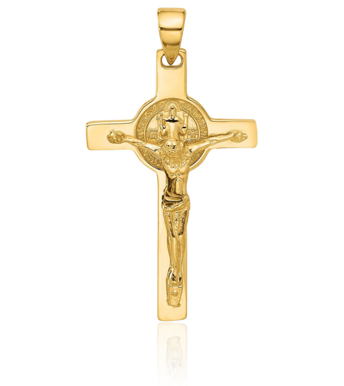 14K Solid Yellow Gold Lord Jesus Christ Crucifix Holy Cross Saint Benedict Medal Necklace Religious Chain Pendant Charm