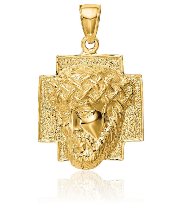 14K Solid Yellow Gold Jesus Christ Head Crown Medal Necklace Religious Chain Pendant Christian Faith Charm