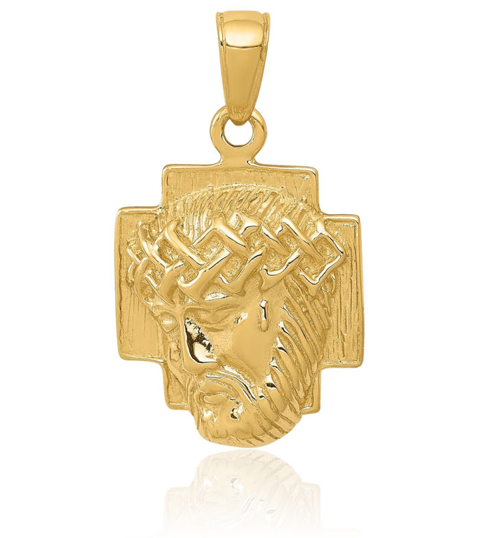 14K Solid Yellow Gold Jesus Christ Head Crown Medal Necklace Religious Chain Pendant Christian Faith Charm