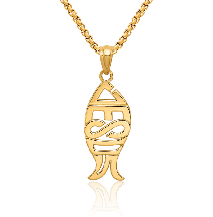 14K Solid Yellow Gold Jesus Christ Ichthus Fish Symbol Necklace Religious Chain Pendant Christian Charm